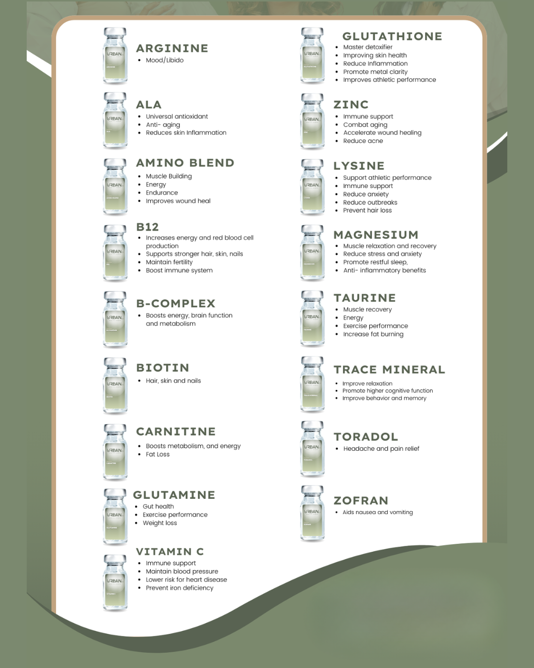 A menu of liquid shots bottles with a label that says urbanrx health lounge mobile iv services in houston, tx