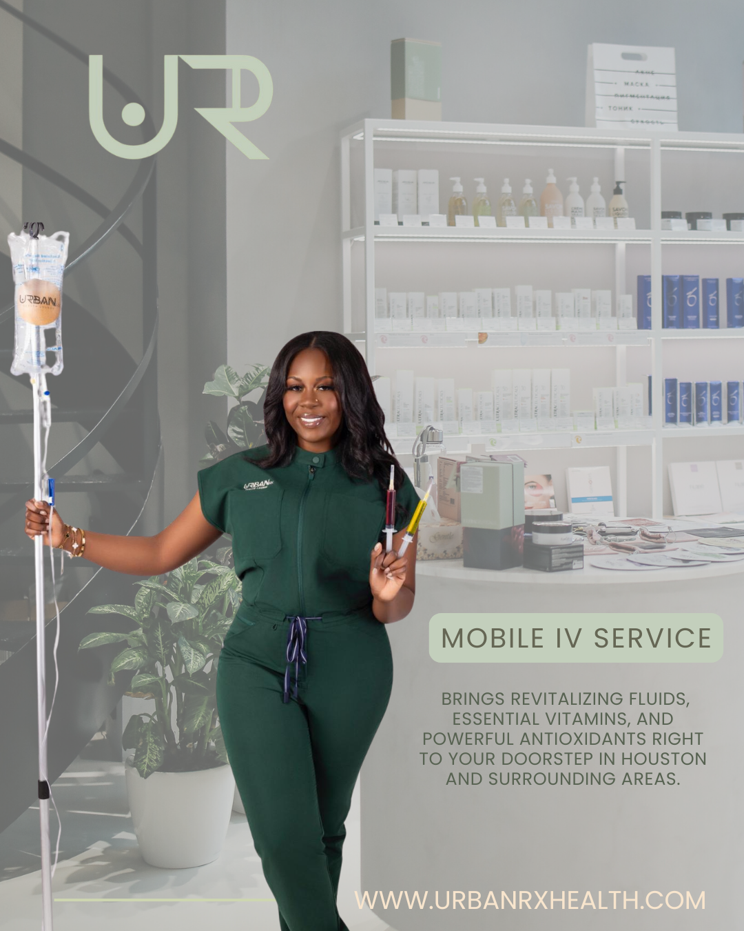 A woman in a green scrub suit is holding a iv bag and a syringe from urbanrx health lounge in houston, tx