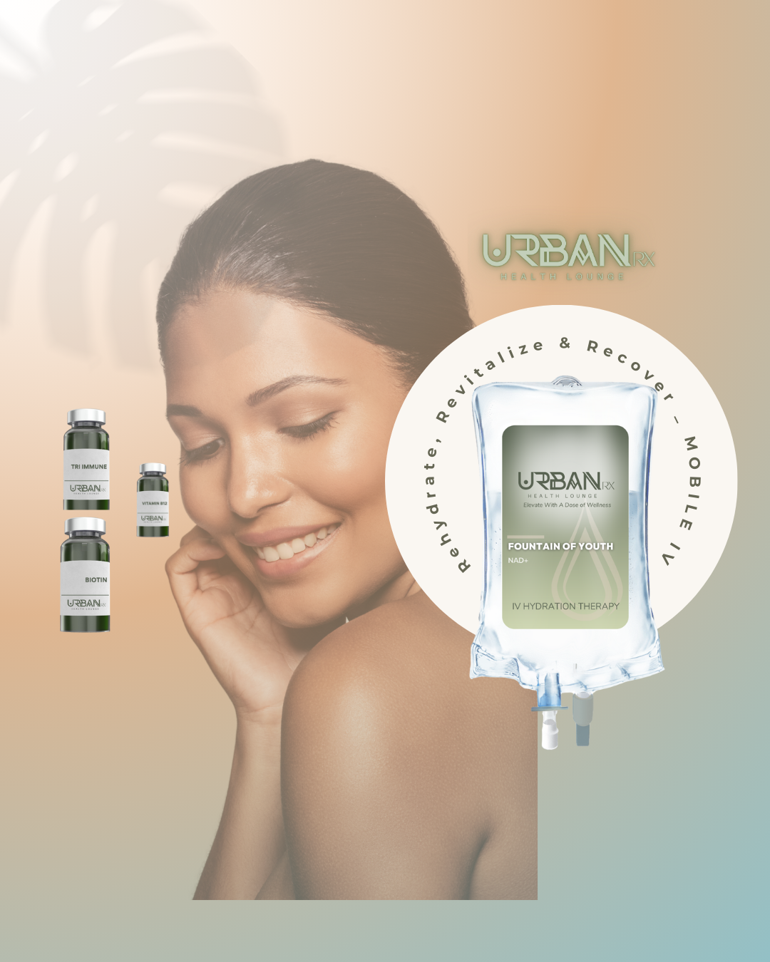Advertisement for Urban RX Health, featuring a woman smiling, with IV bag and vials, promoting mobile wellness services.