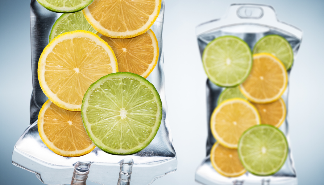 A IV bag filled with sliced lemons and limes for better health urbanrx health lounge in houston, tx