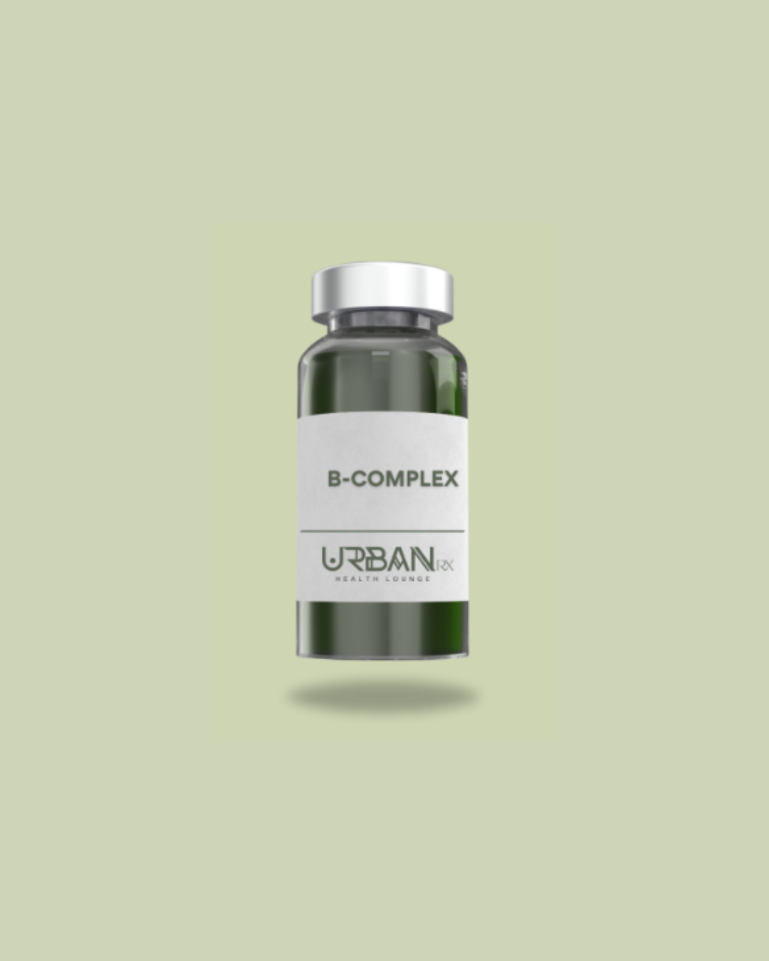 A green bottle with a white label that says b-complex from urbanrx health lounge in houston, tx