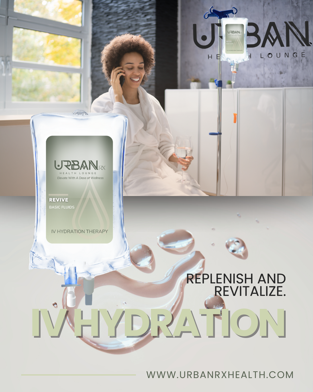 A woman is talking on a cell phone next to a bag of urbanrx health lounge iv hydration in houston, tx