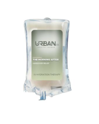 A bag of liquid iv bag with a label that says urbanrx health lounge mobile iv services in houston, tx