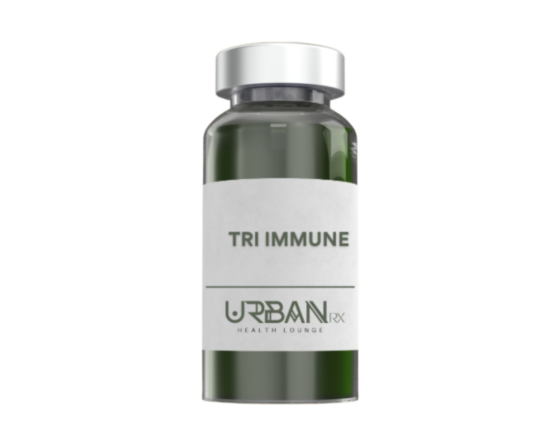 A green bottle with a white label that says tri immune on it.