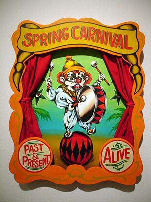 A poster for a spring carnival with a clown playing a drum