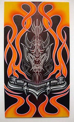 It is a painting of a car with flames on it.