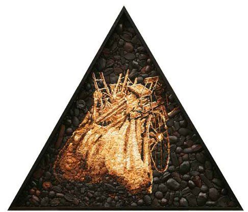 A triangle with a picture of a skeleton in it