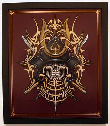 A painting of a samurai skull with two swords