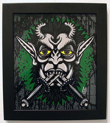 A painting of a demon with horns and crossed swords on a green background.