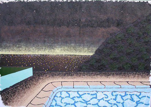 A painting of a swimming pool with a mountain in the background.