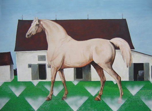 A painting of a horse standing in front of a barn
