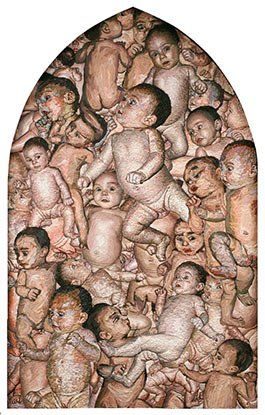 A painting of a group of babies standing next to each other.