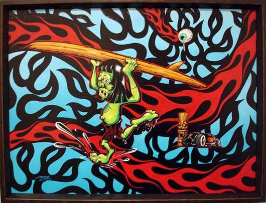 A painting of a monster holding a surfboard