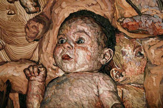 A close up of a painting of a baby looking at the camera.