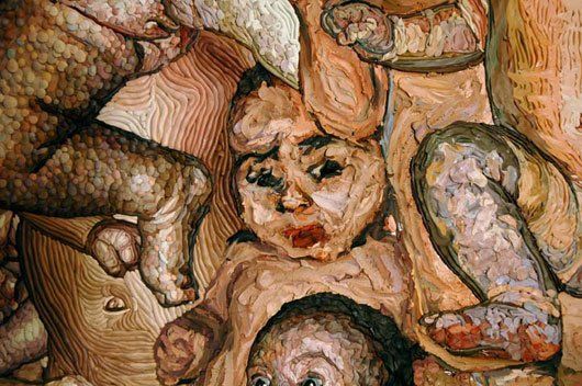 A painting of a woman holding a baby in her arms.