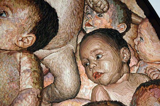 A close up of a painting of a group of babies.