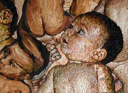 A painting of a man holding a baby in his arms.