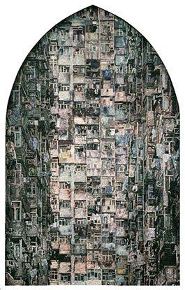 It is a painting of a building with a lot of windows.