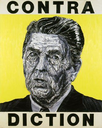 A painting of a man with the words contra diction on it