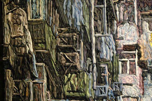 A painting of a fire escape on the side of a building.