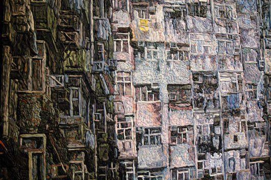It is a painting of a building with a lot of windows.
