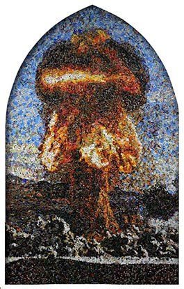 Art of fire on a collaged blue and yellow background.