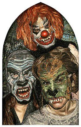 A painting of two clowns and a woman with their faces painted.