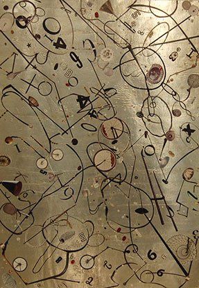 A close up of a painting with circles and numbers on a gold background.