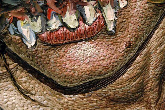 A close up of a painting of a person 's mouth and teeth.