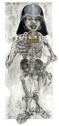 A drawing of a skeleton wearing a darth vader helmet.