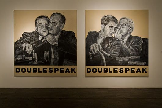 Two paintings on a wall that say double speak