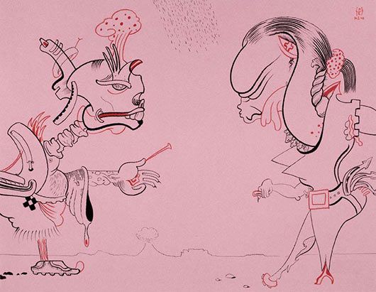 A drawing of two people standing next to each other on a pink background