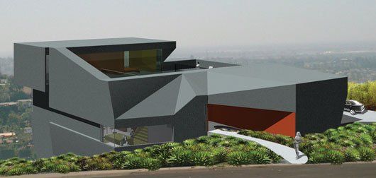 An artist 's impression of a modern house on a hillside