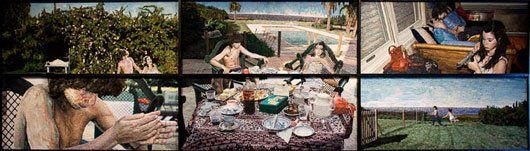 Art of two people sitting at a table with food on it.