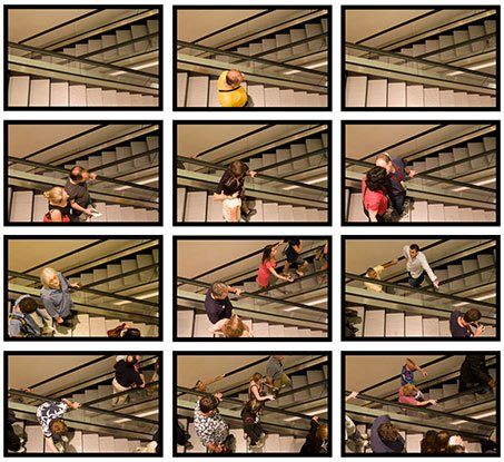 A collage of images of people walking down stairs