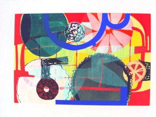 A colorful painting with a blue circle in the middle