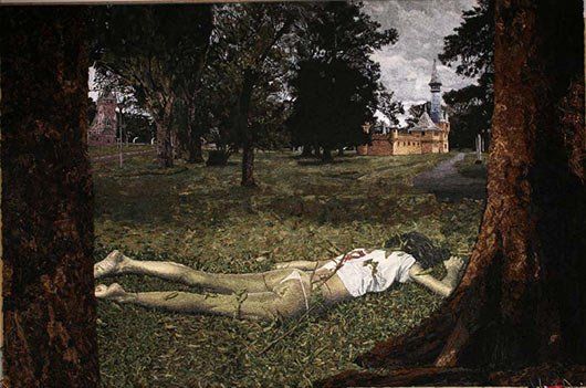 A painting of a person laying in the grass next to trees.