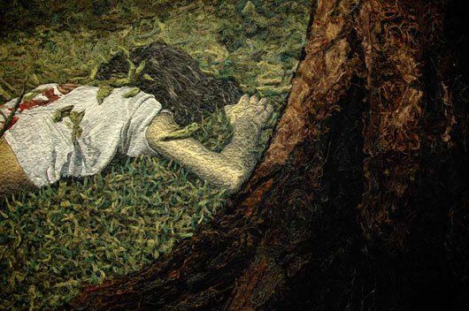 A painting of a person laying in the grass next to a tree.