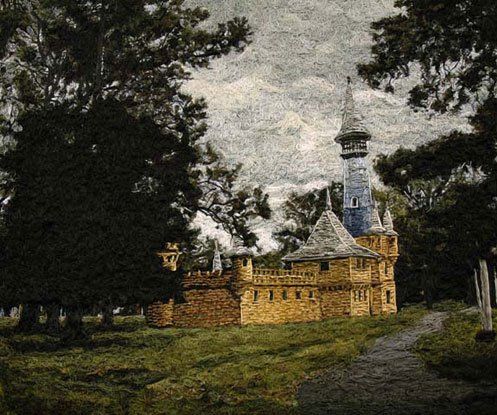 A painting of a castle surrounded by trees and grass