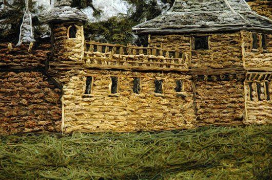 A painting of a castle made out of toothpicks.