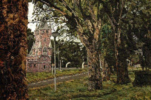 A painting of a castle in the middle of a forest.