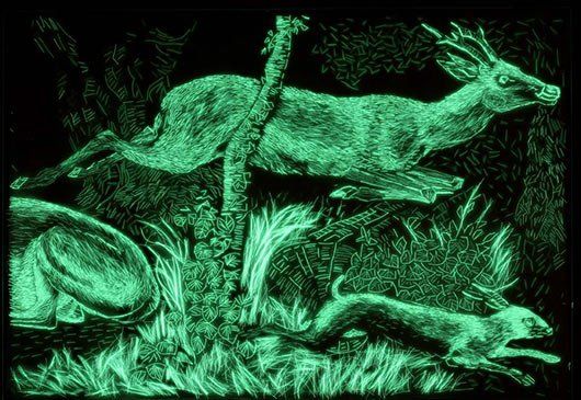 A glow in the dark painting of a deer and two dogs.