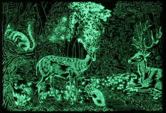 A glow in the dark painting of deer in a forest.
