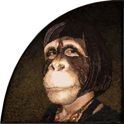 A painting of a monkey wearing a necklace