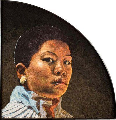 A painting of a woman wearing earrings and a scarf