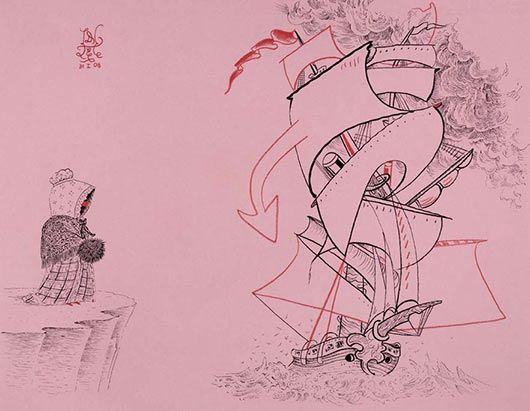 A drawing of a man standing next to a ship on a pink background.