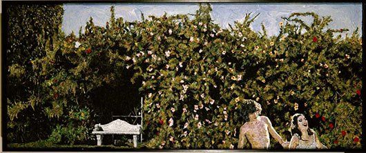 A painting of a man and a woman standing under a tree