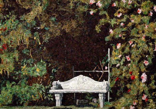 A painting of a bench in a garden surrounded by trees and flowers.
