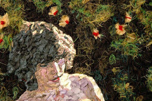 A painting of a woman laying in a field of flowers.