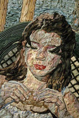 A painting of a woman sitting in a chair with her eyes closed.